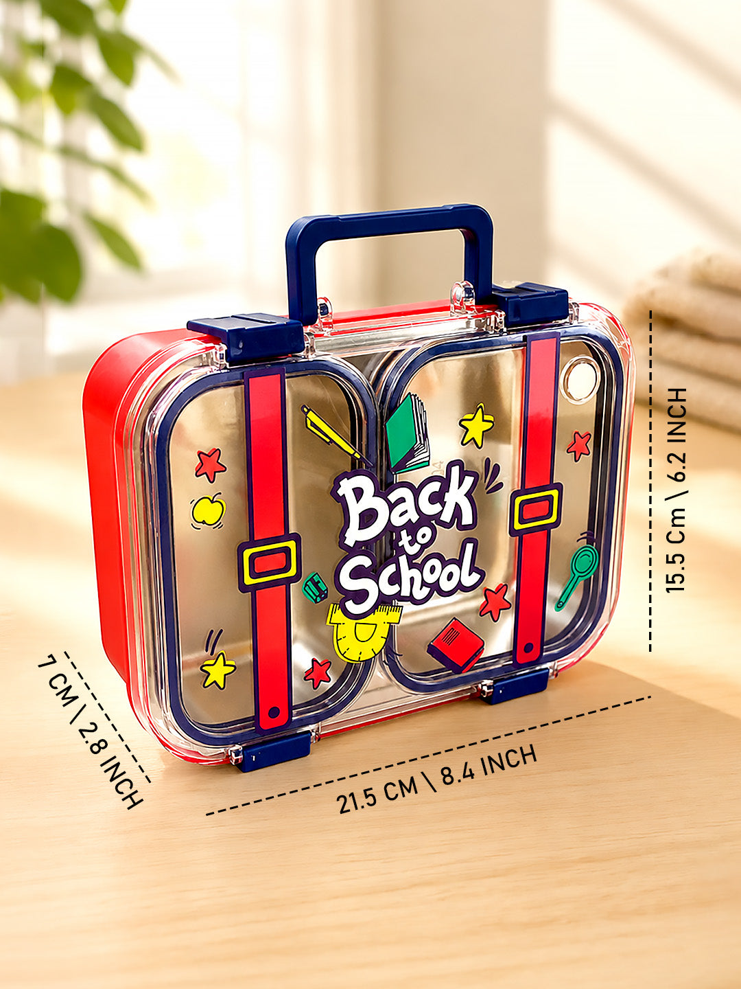 Back to School 2-Compartment Kids Steel Tiffin Lunch Box | Leak-Proof | Fork & Spoon Included