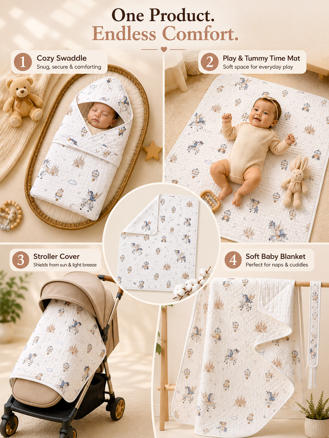 Unicorn Kingdom 6-Layer Muslin Cotton Hooded Swaddle Blanket | Newborn Swaddler