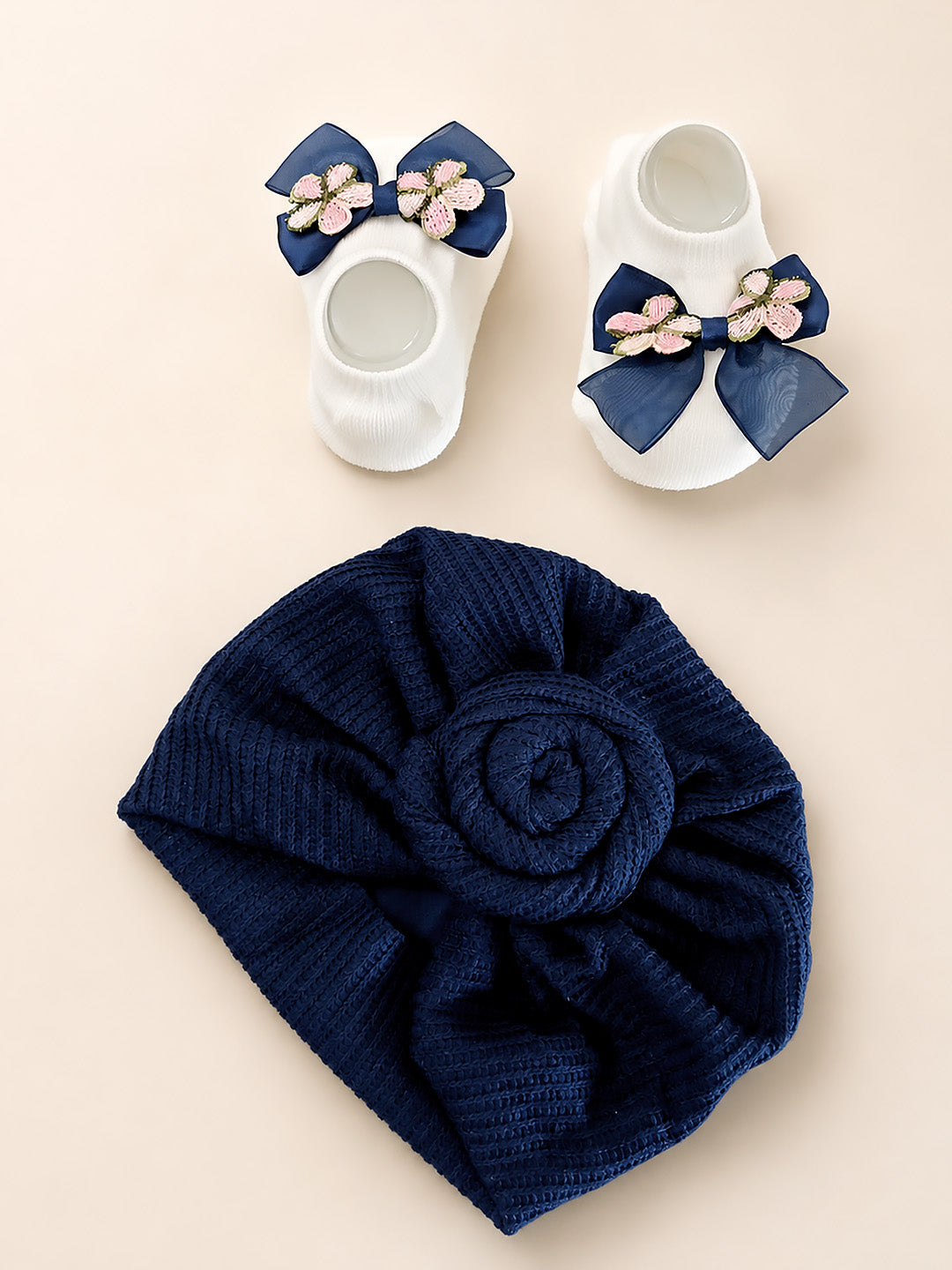 Baby Girl Soft Turban Cap & 3D Floral Booties Set | Navy Blue | Infant Party Wear Gift Set