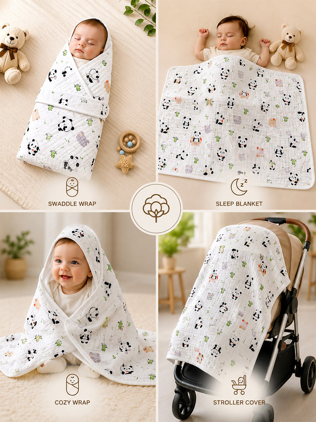 Playful Panda 6-Layer Muslin Cotton Hooded Baby Swaddle Blanket | All-Season