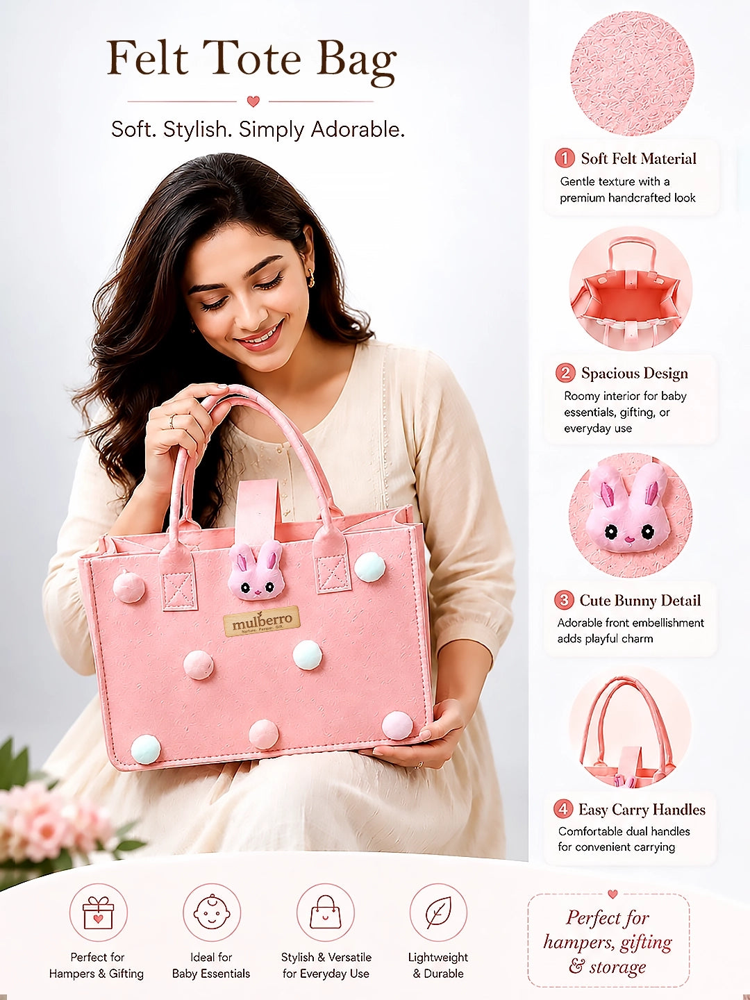 New Mom 6-Piece Baby Shower Gift Hamper | Pink Bunny Felt Tote Bag