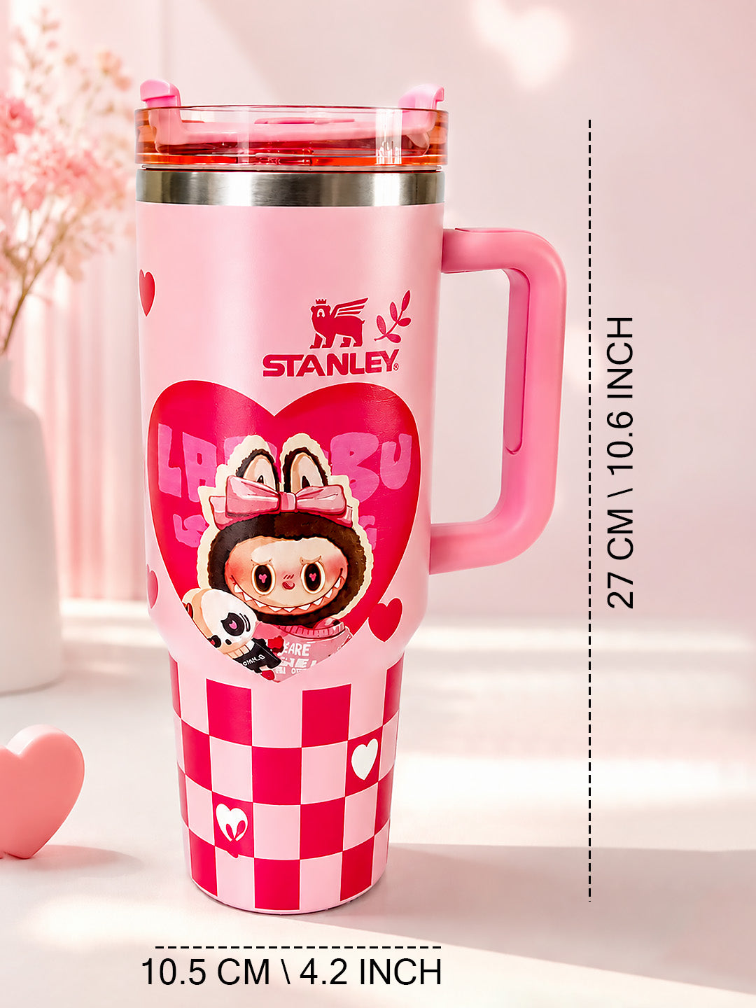 Pink Labubu Love Heart Stainless Steel Tumbler | Slide Lid & Reusable Straw