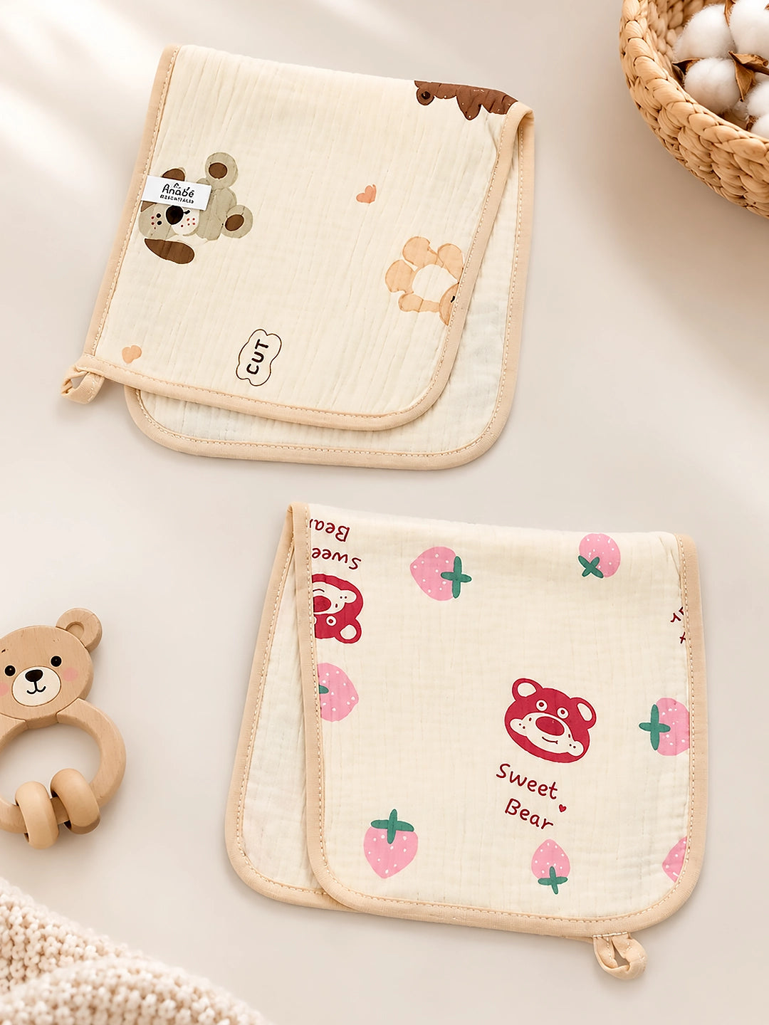 Sweet Bear & Friends Muslin Burp Cloth | Set of 2 | 100% Muslin Cotton |
