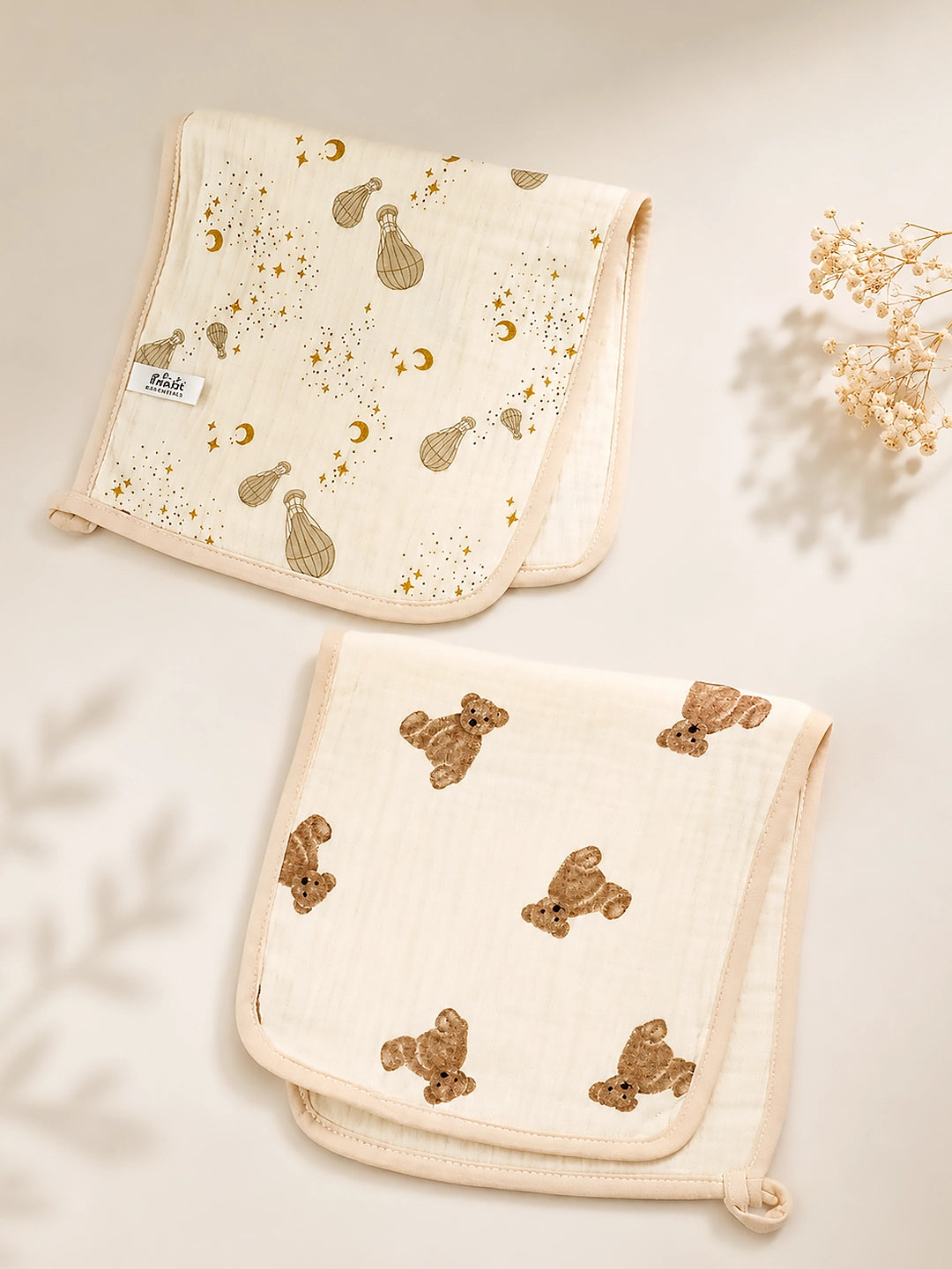 Teddy Bear & Starry Night Muslin Burp Cloth | Set of 2 | 100% Pure Cotton |