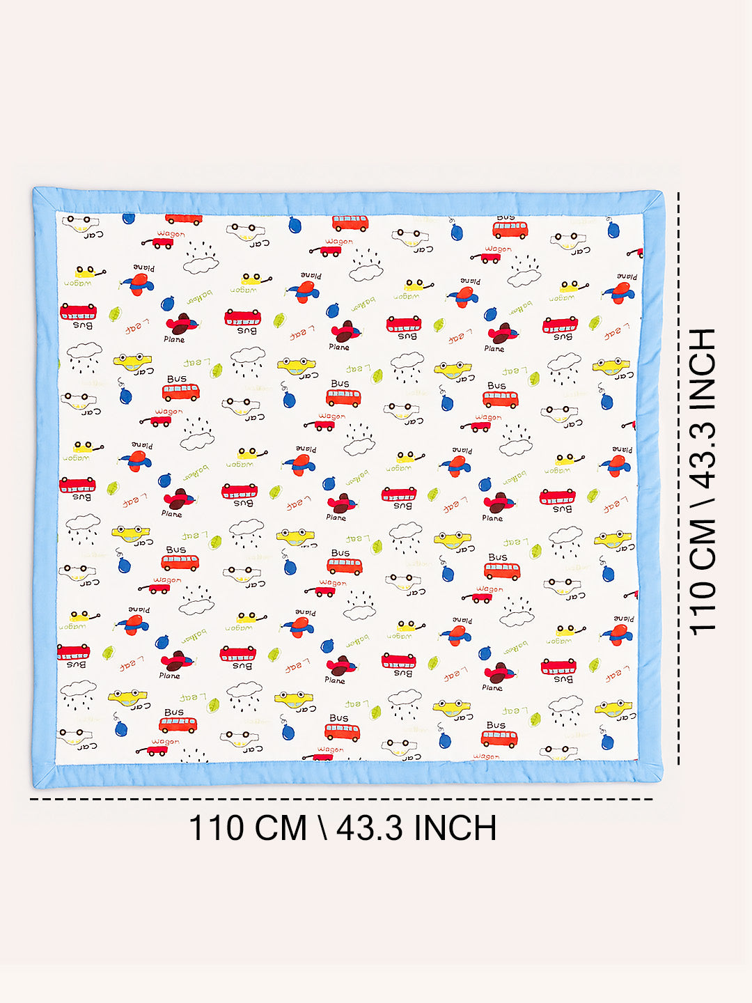 Little Vehicles 6-Layer Muslin Cotton Baby Blanket | All-Season | Blue Border | 110×110 cm