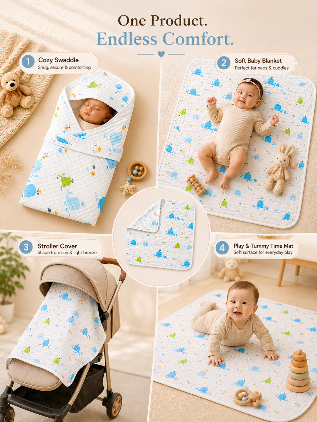 Happy Whales Hooded Swaddle Blanket | 6-Layer Muslin Cotton | Newborn Wrap