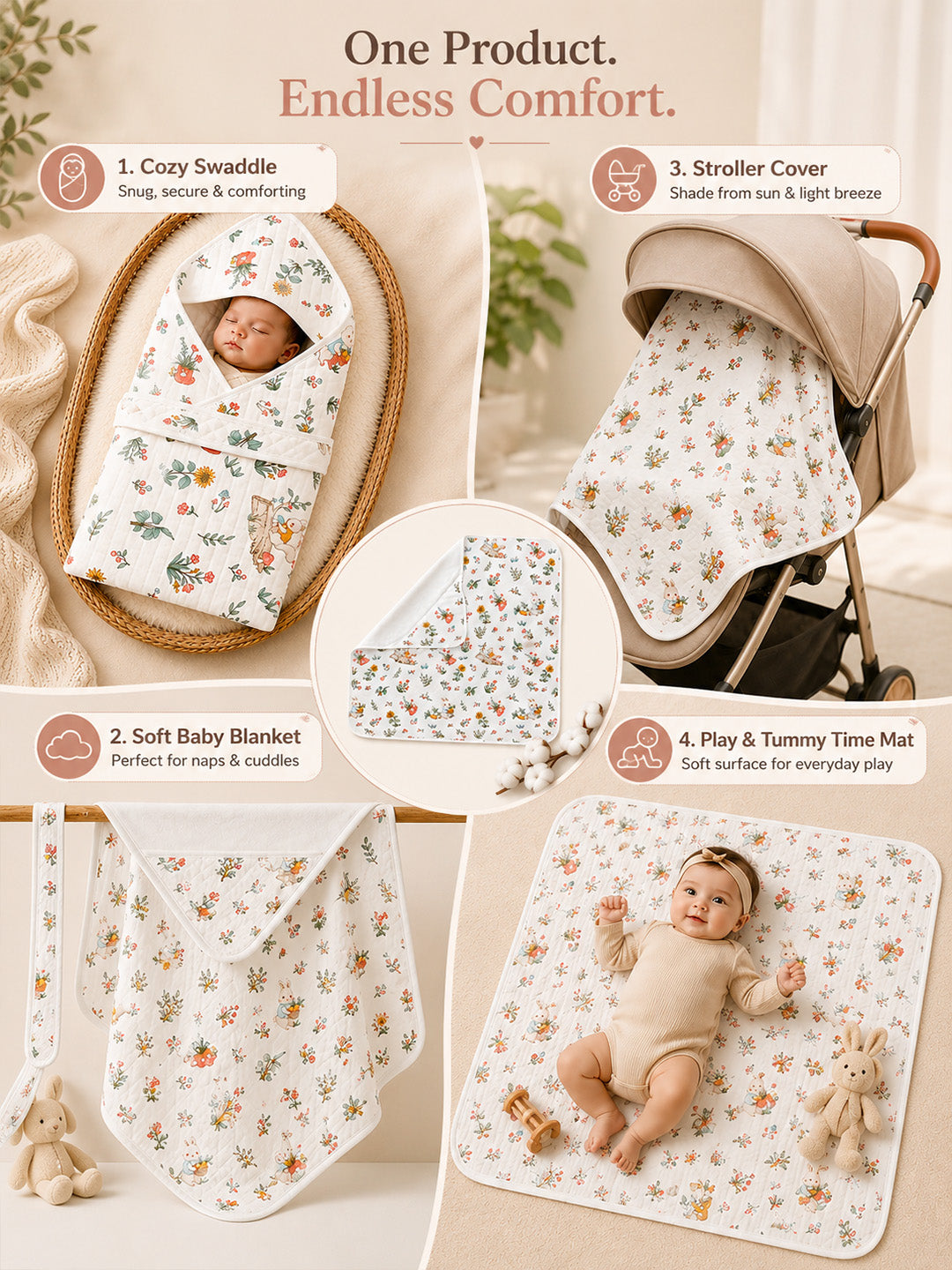 Garden Bunny 6-Layer Muslin Cotton Hooded Baby Swaddle Blanket | All-Season