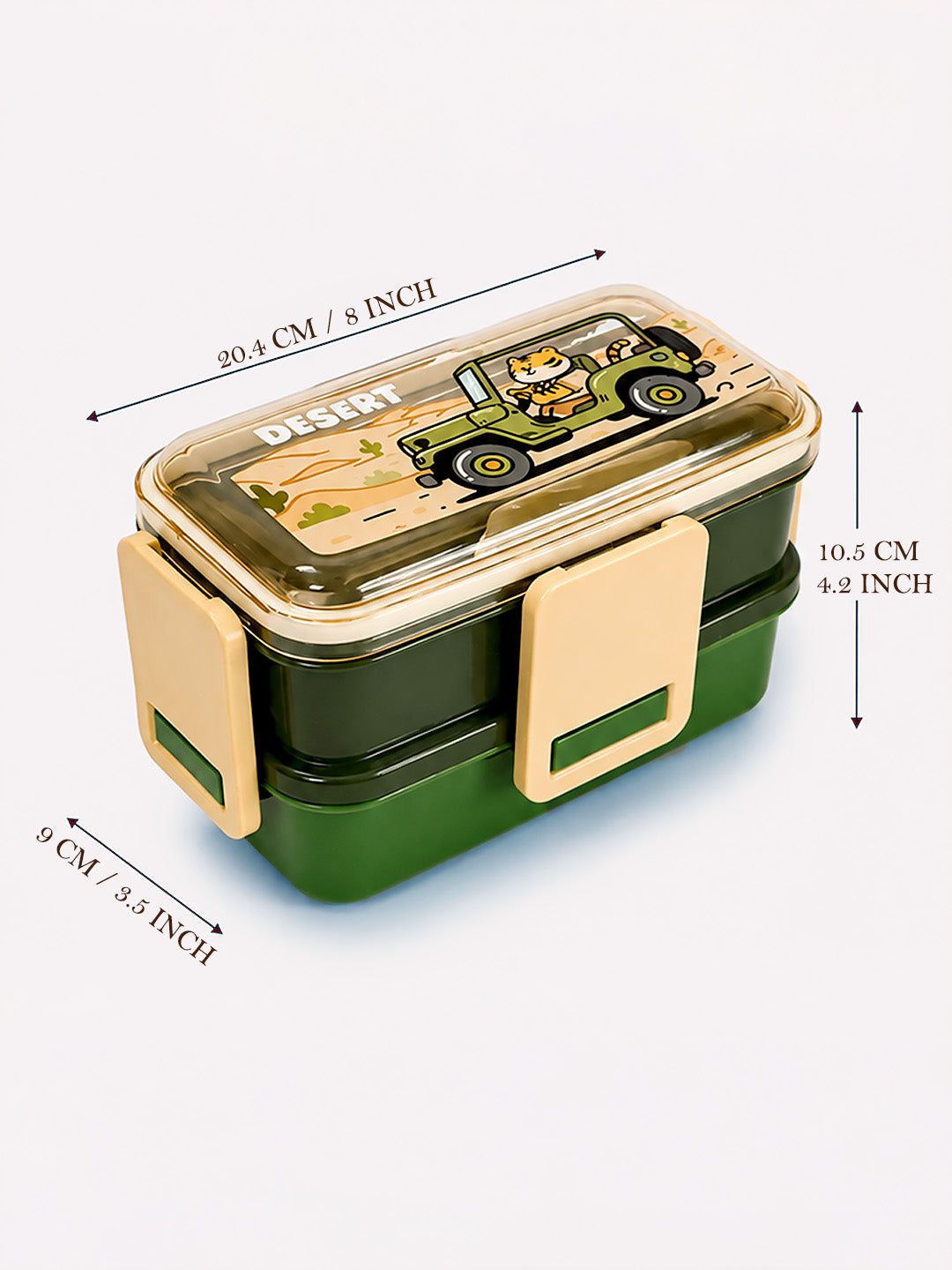 Desert Tiger 2-Tier Kids Lunch Box | Stainless Steel | Leak-Proof | Spork & Sauce Box Included
