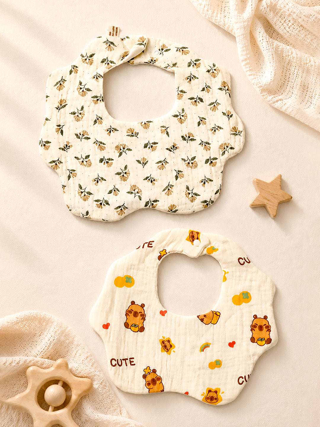Bear, Floral & Polka Dot 3-Piece Muslin Cotton Shoulder Bibs | Snap Closure | Drool & Burp Bib