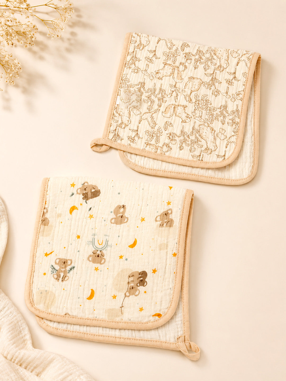 Koala & Squirrel Print 2-Piece Muslin Cotton Baby Burp Cloths | Super Absorbent | Newborn Burp Cloth