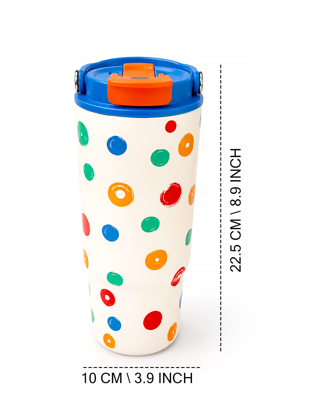 Colourful Polka Dot Stainless Steel Kids Tumbler | 2-in-1 Lid, Straw & Carry Handle