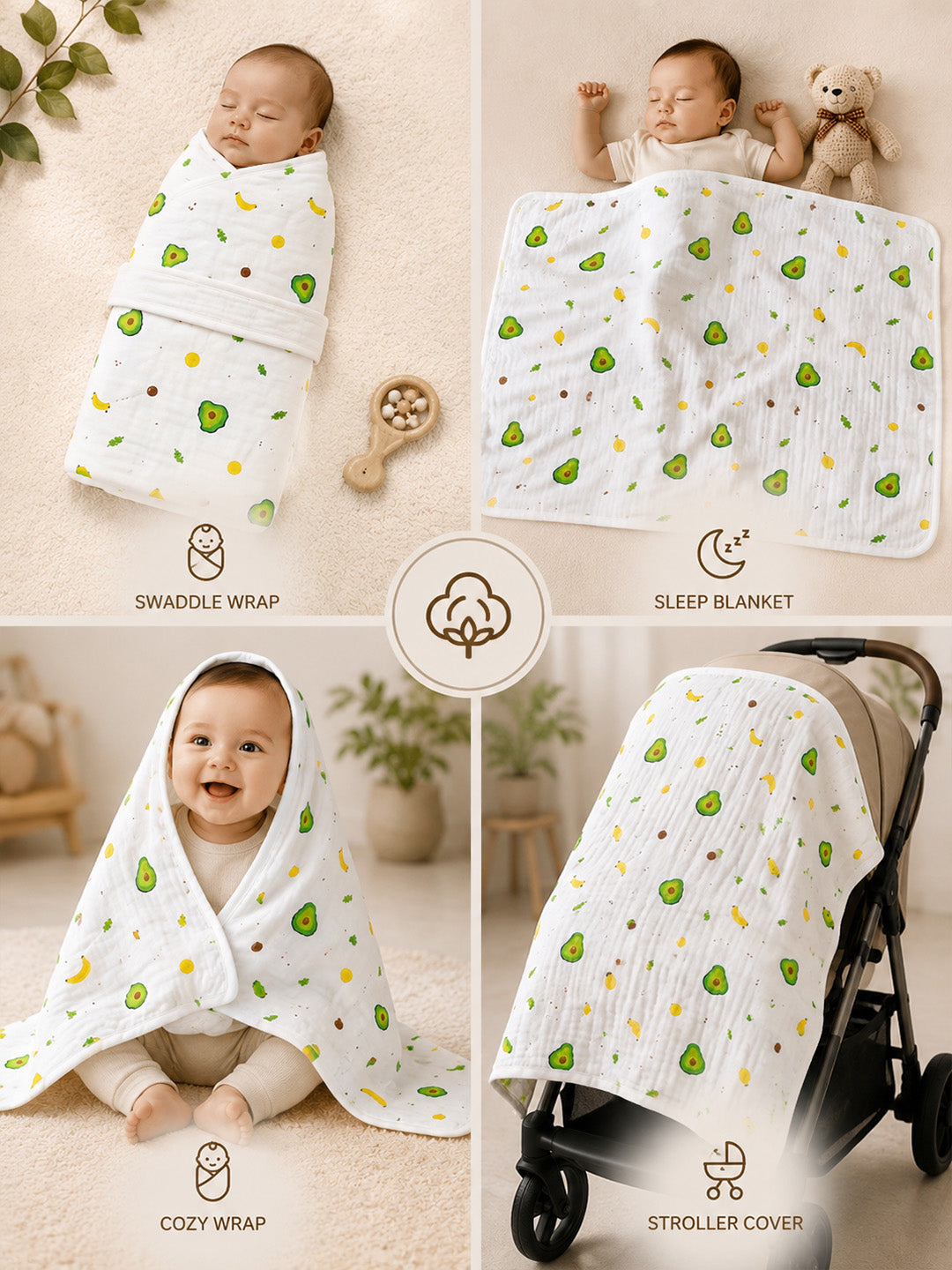 Avocado & Banana Hooded Swaddle Blanket | 6-Layer Muslin Cotton | Newborn Wrap