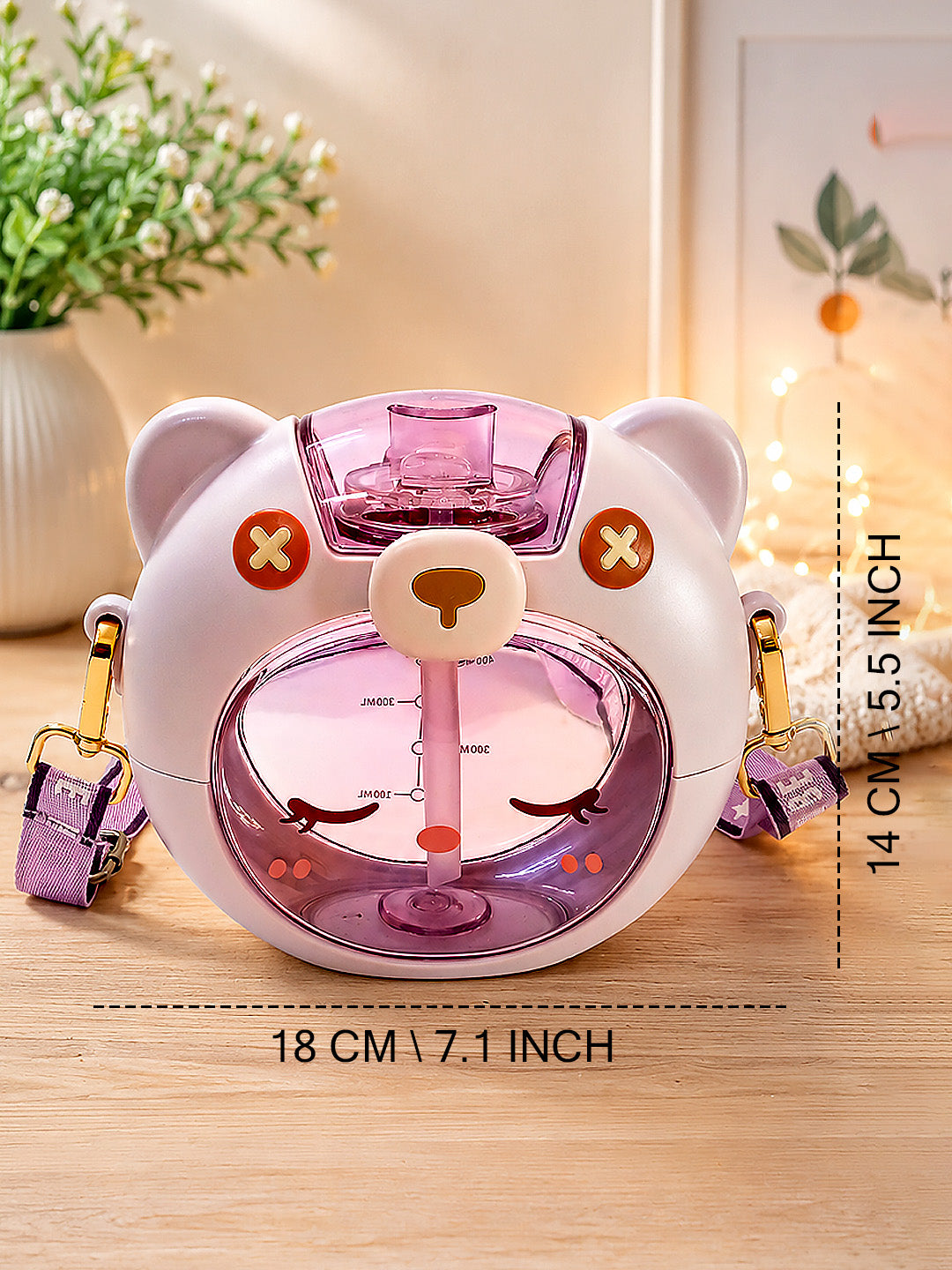 Cute Bear Kids Water Bottle — 630ml | Flip Lid, Straw & Crossbody Strap