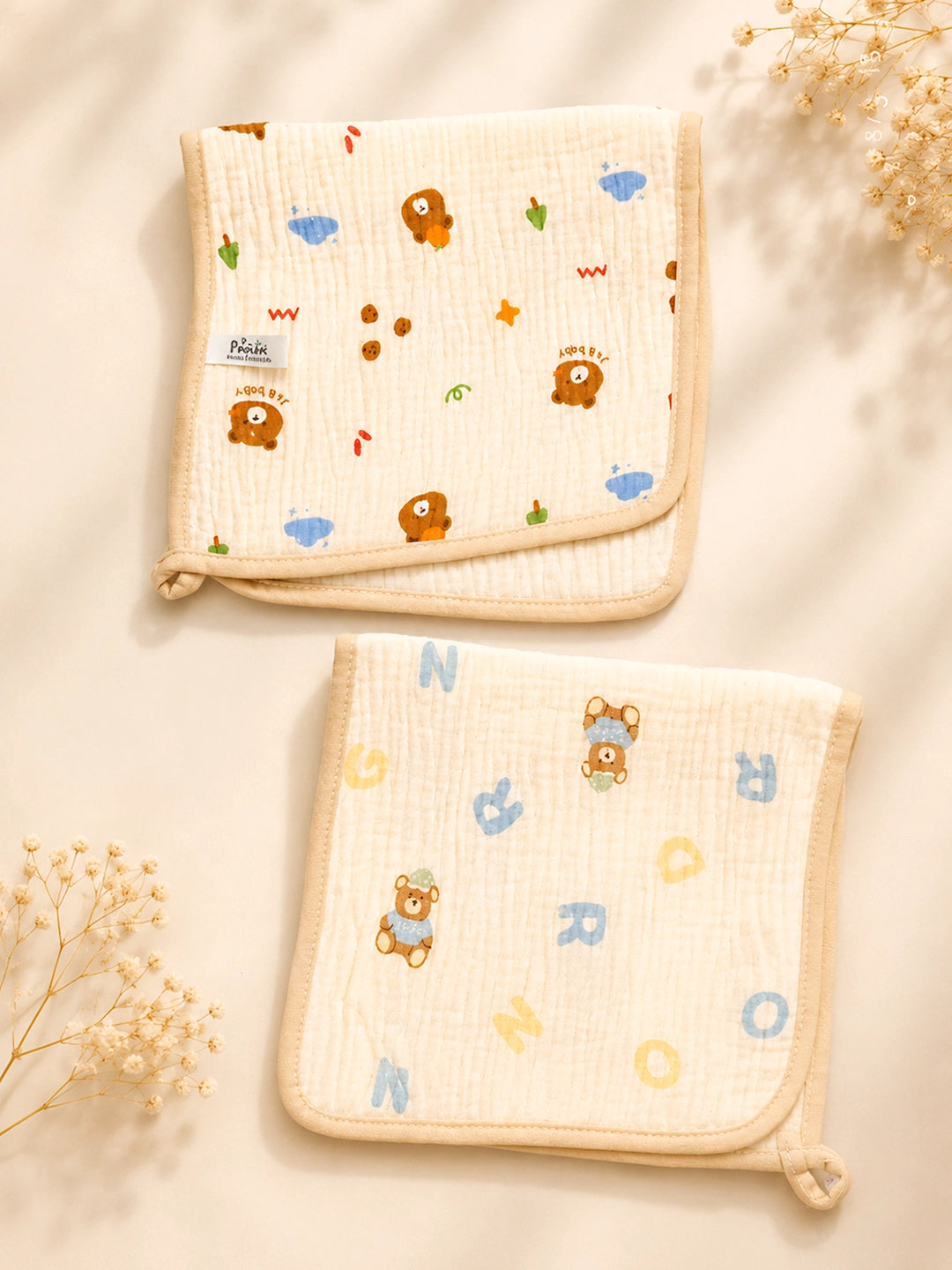Bear Print Muslin Burp Cloth | Set of 2 | 100% Muslin Cotton |