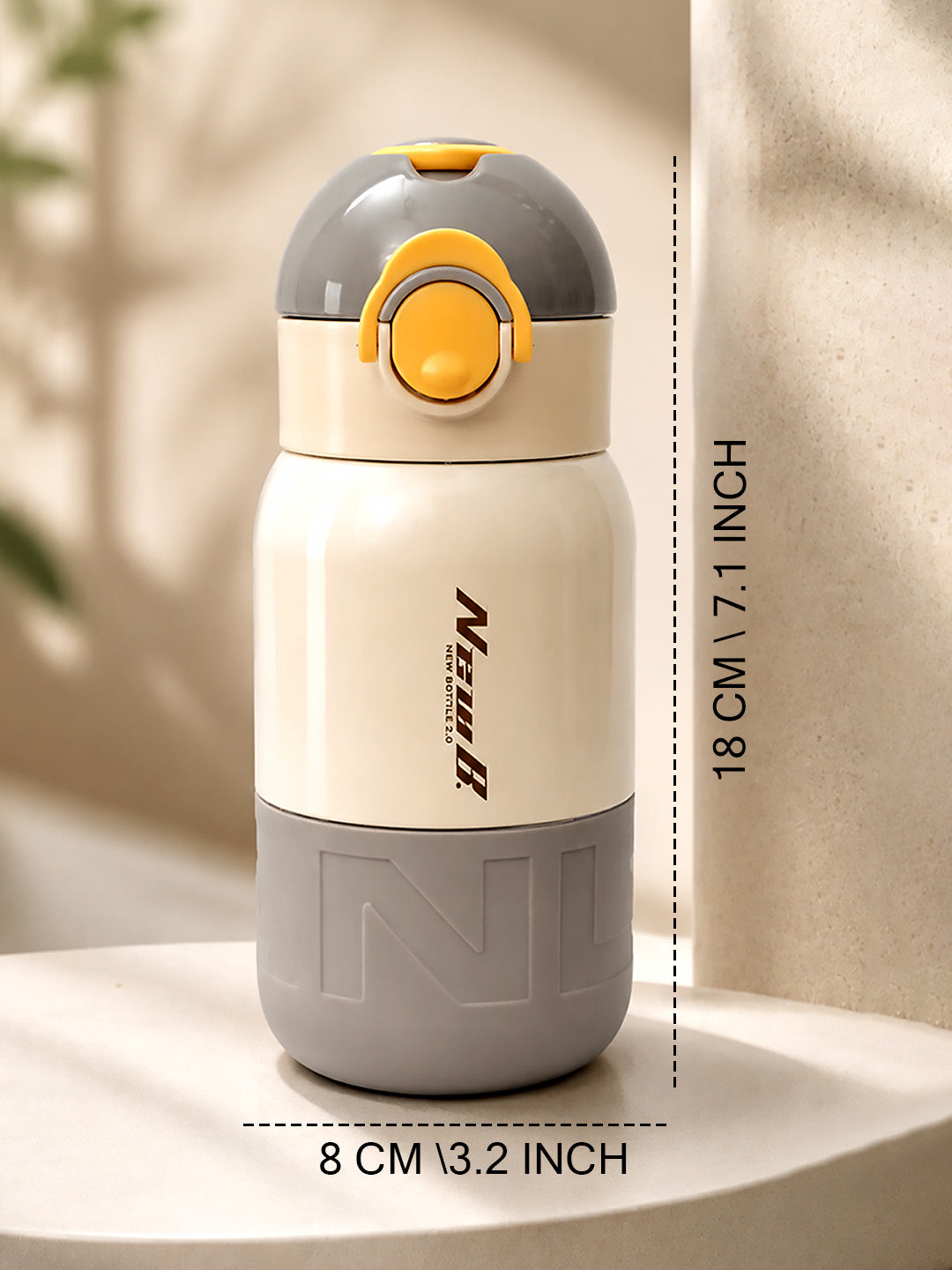 Grey & Yellow Stainless Steel Kids Water Bottle — 480ml | Flip-Lock Straw Lid & Carry Loop