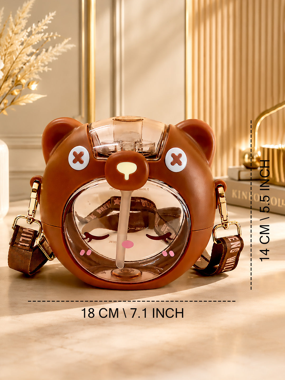 3D Bear Kids Water Bottle — 630ml | Flip Lid, Straw & Crossbody Strap