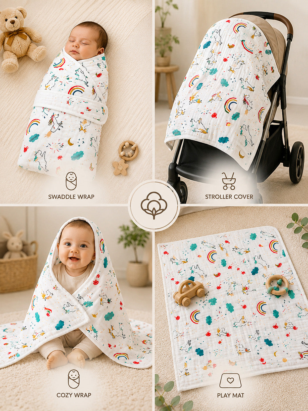 Unicorn Rainbow Hooded Swaddle Blanket | 6-Layer Muslin Cotton | Newborn & Baby