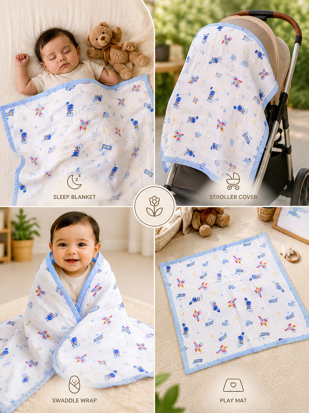 Space Adventure 6-Layer Muslin Cotton Baby Blanket | All-Season | 110×110 cm