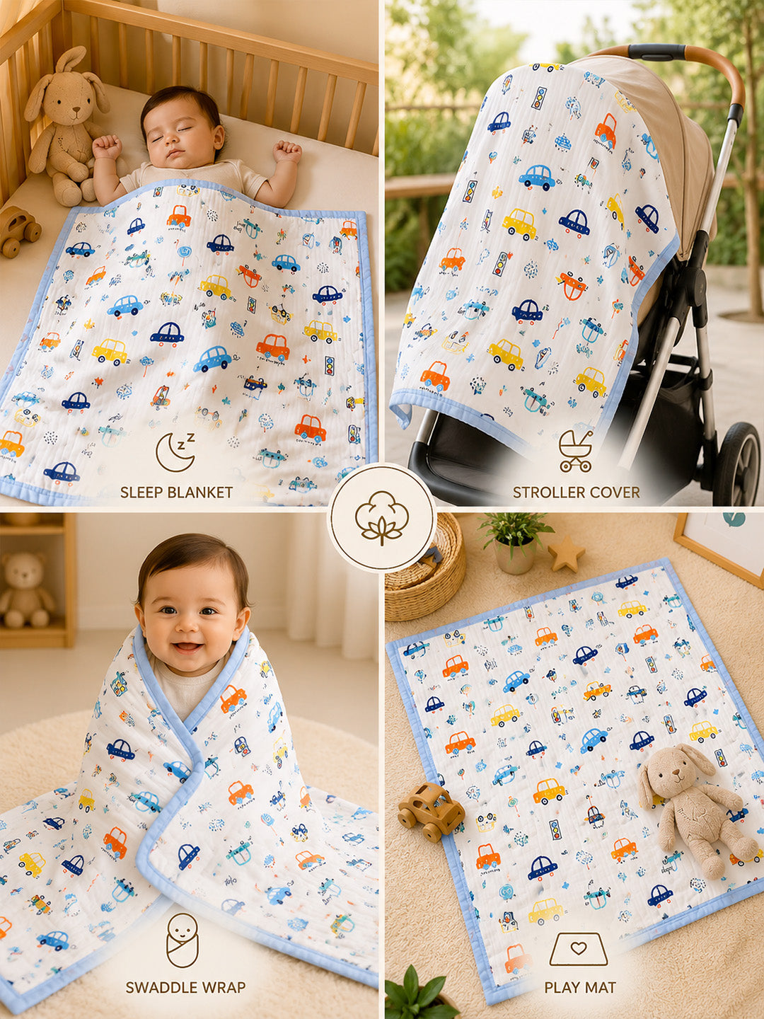 Beep Beep Cars 6-Layer Muslin Cotton Baby Blanket | All-Season | 110×110 cm