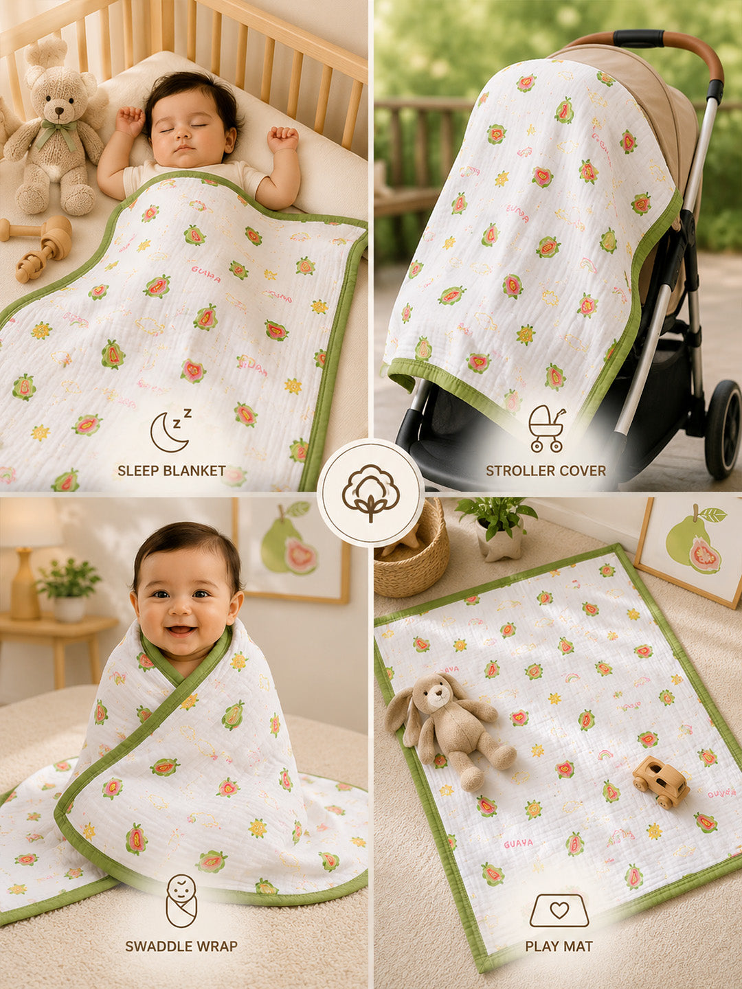 Guava Garden 6-Layer Muslin Cotton Baby Blanket | All-Season | 110×110 cm