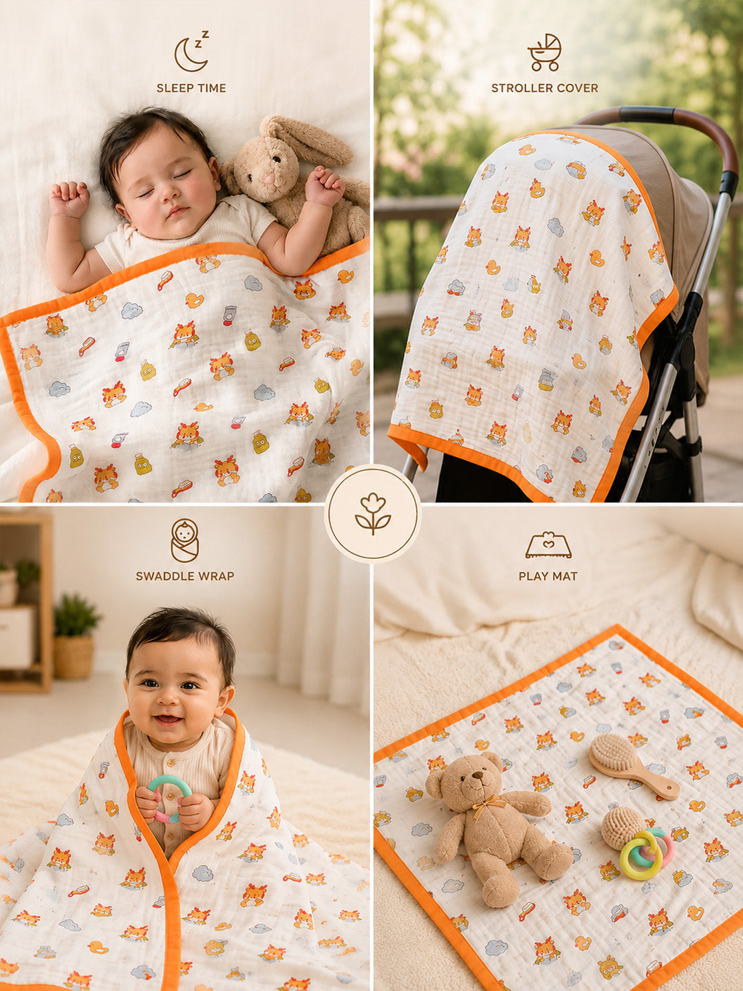 Bath Time Lion 6-Layer Muslin Cotton Baby Blanket | All-Season | 110×110 cm