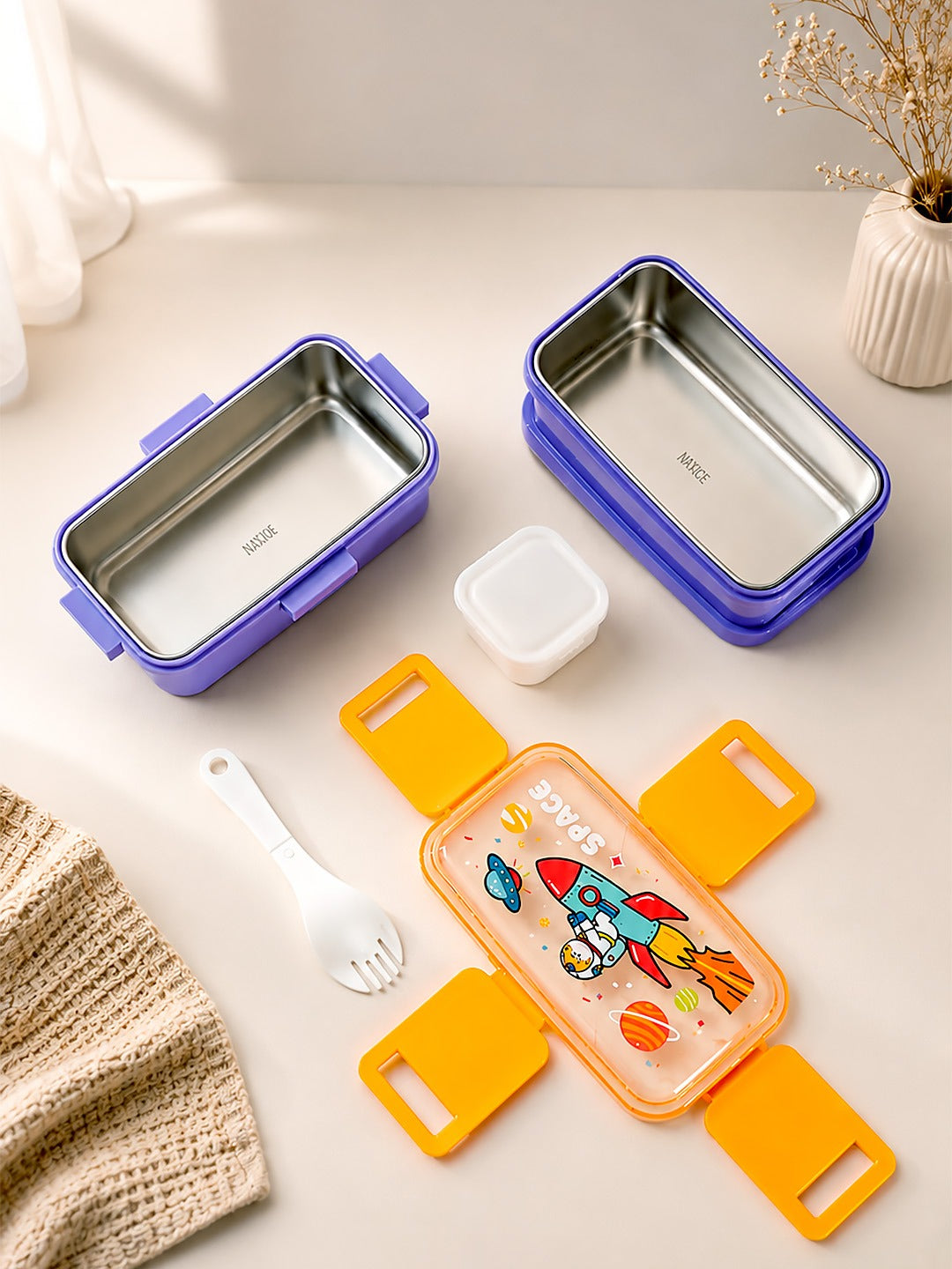 Space Astronaut 2-Tier Kids Lunch Box | Stainless Steel | Leak-Proof | Spork & Sauce Box Included