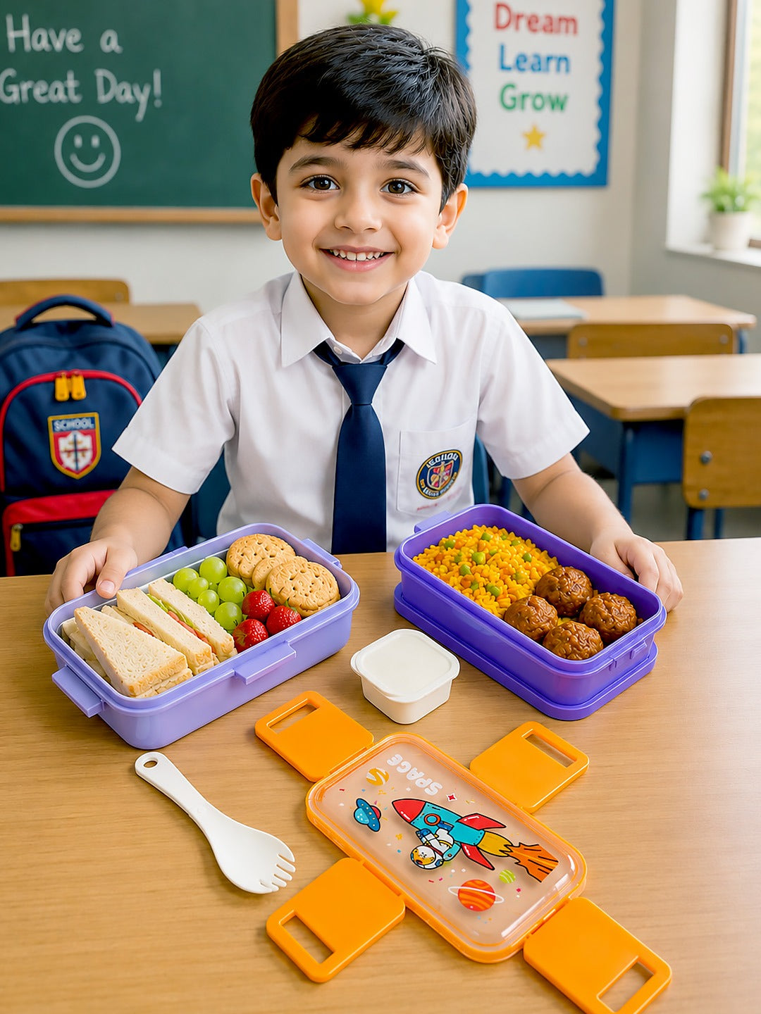 Space Astronaut 2-Tier Kids Lunch Box | Stainless Steel | Leak-Proof | Spork & Sauce Box Included