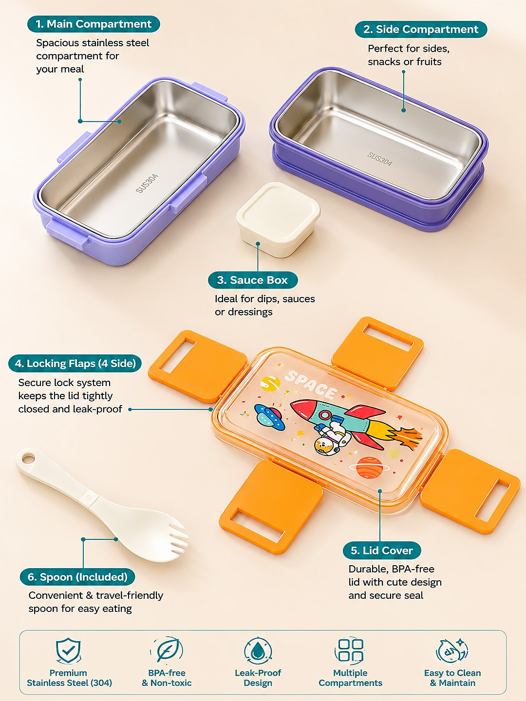 Space Astronaut 2-Tier Kids Lunch Box | Stainless Steel | Leak-Proof | Spork & Sauce Box Included