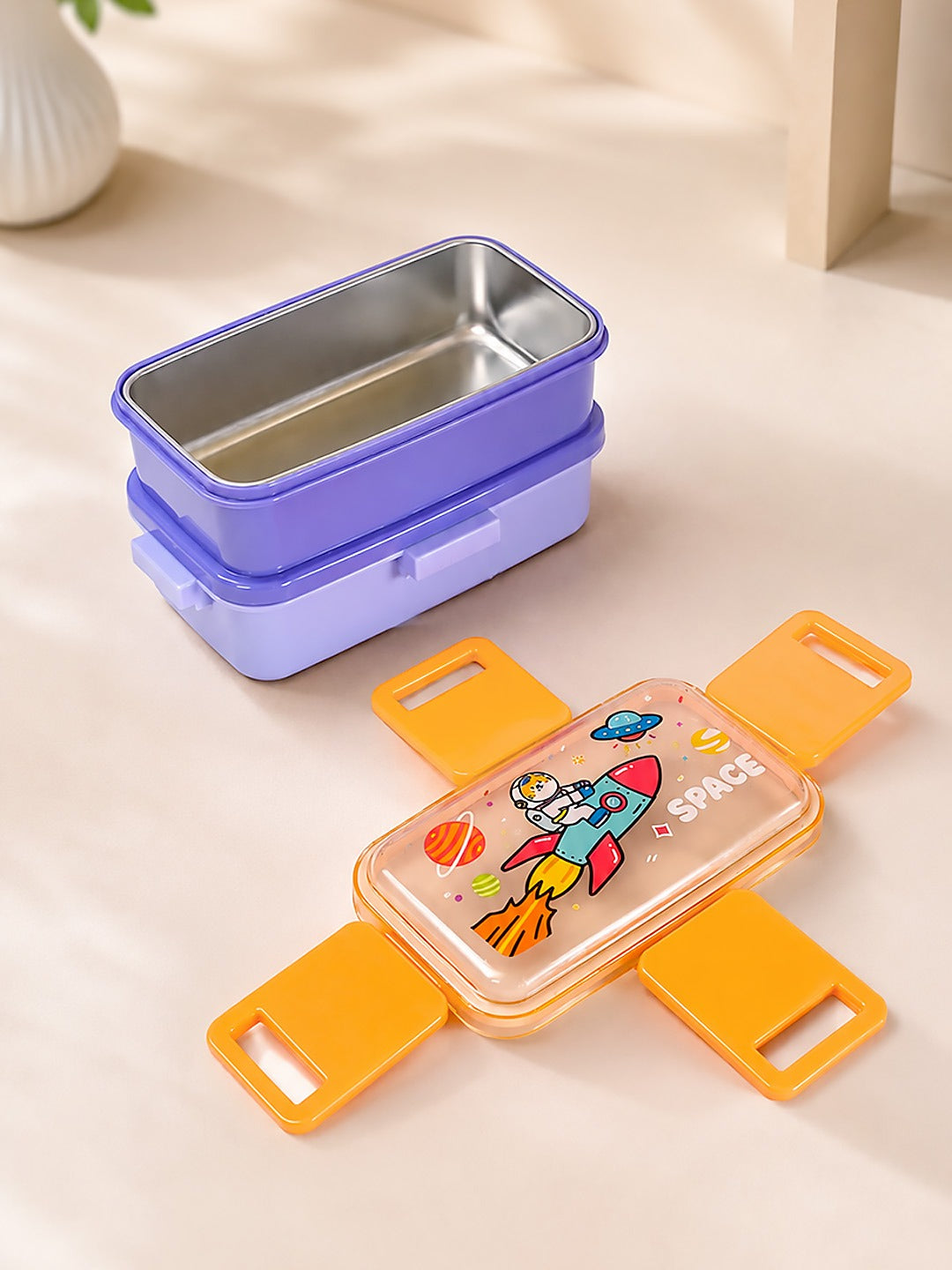 Space Astronaut 2-Tier Kids Lunch Box | Stainless Steel | Leak-Proof | Spork & Sauce Box Included