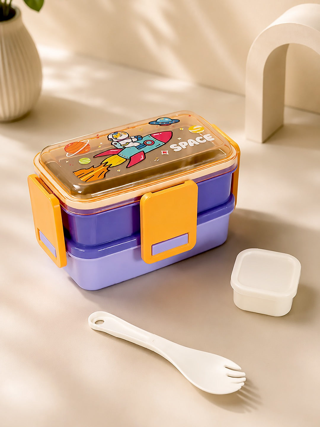 Space Astronaut 2-Tier Kids Lunch Box | Stainless Steel | Leak-Proof | Spork & Sauce Box Included