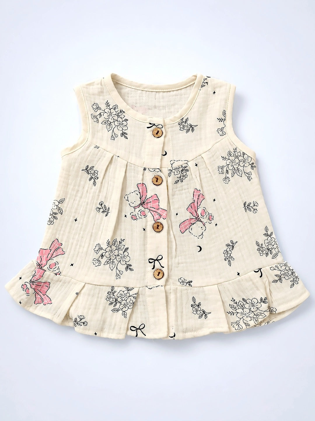 Cream Bear & Pink Bow Baby Girl Muslin Frock | Sleeveless Button-Front | Pleated Ruffle Hem | 0–12 Months