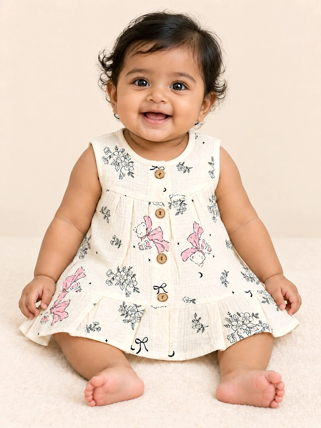 Cream Bear & Pink Bow Baby Girl Muslin Frock | Sleeveless Button-Front | Pleated Ruffle Hem | 0–12 Months