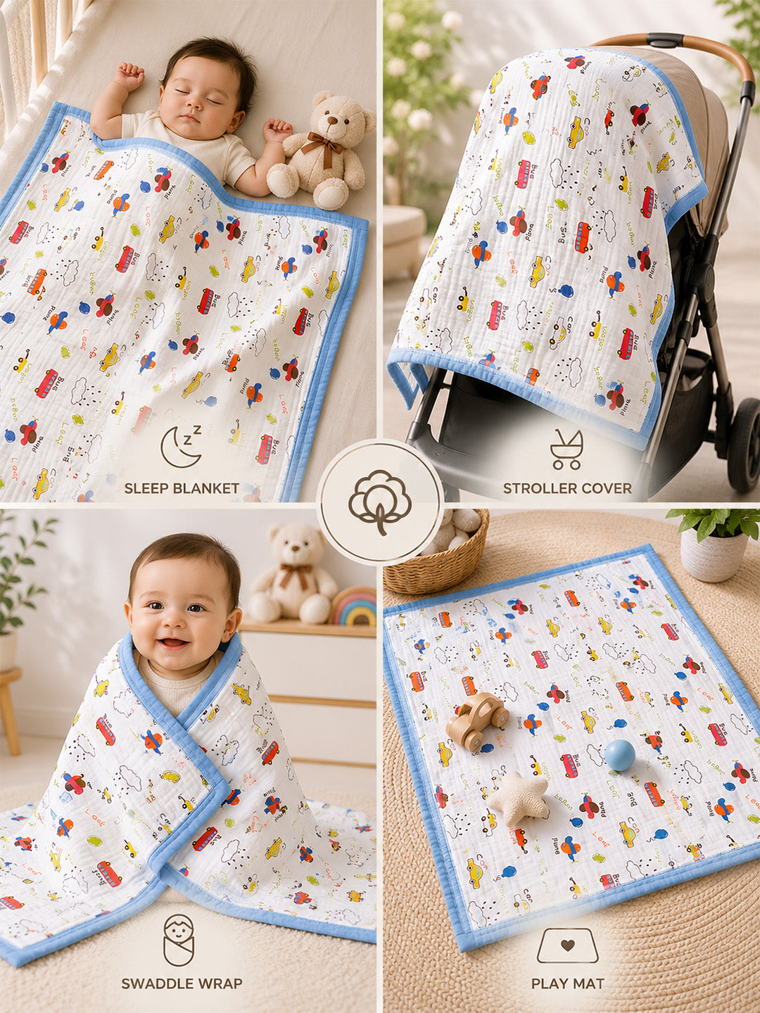 Little Vehicles 6-Layer Muslin Cotton Baby Blanket | All-Season | Blue Border | 110×110 cm